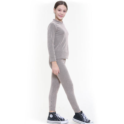Kids Girls Ribbed Top & Bottom Tracksuit Lounge Wear Long Sleeves Outfit Set
