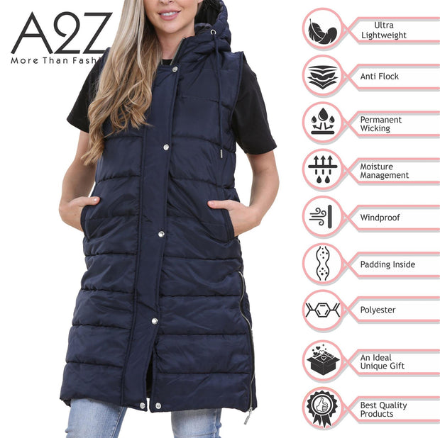 A2Z Ladies Adults Sleeveless Gilet Oversized Navy Hooded Quilted Gilet Padded Long Line Vest Jacket Sleeveless Coat Urban Winter Wear