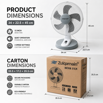 12 Inch Desk Fan with Oscillation 3 Speed Settings Tilt Angle Design Table Fan