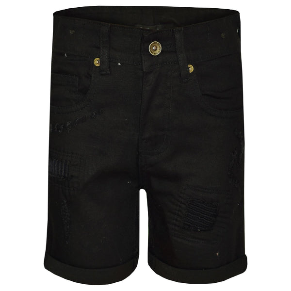 Kids Boys Ripped Jet Black Denim Shorts Comfort Stretch Jeans Trouser Pants 5-13