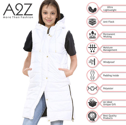 Kids Girls Oversized Gilet Long Line Hooded Quilted Jacket Long Sleeveless Coat