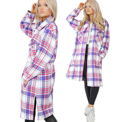 Ladies Longline Shacket Checked Button Down Shirt Jacket Top Oversize Coat