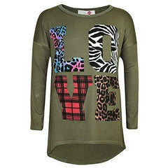 Kids Girls T Shirt LOVE Tartan Zebra Leopard Print Trendy Fashion Top 7-13 Years