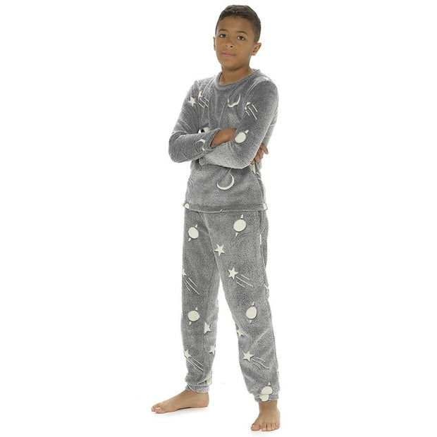 Kids Girls Boys Pyjamas Glow In The Dark Soft Flannel Fleece Sleepwear PJS Set