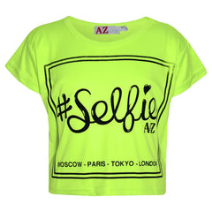 Girls Top Kids Selfie Print Stylish Crop Top & Skater Skirt Set Age 7-13 Years