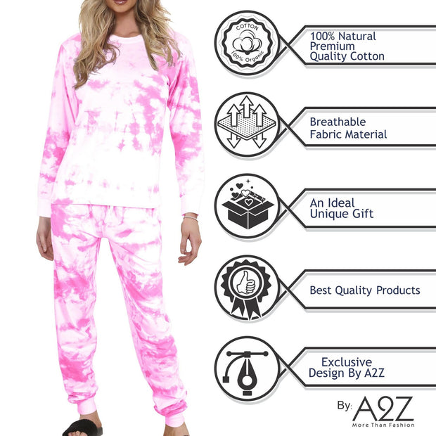 A2Z Ladies 2 Piece Pyjama Set Loungewear Soft Cotton PJS Tie Dye Printed Long Sleeve Pink Top Bottom Gift for Ladies Matching PJS Lounge Suit S/M/L/XL/2XL