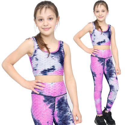 Girls Honeycomb Pink Leggings Crop Top Vest Dance Yoga Exercise High Waist Set