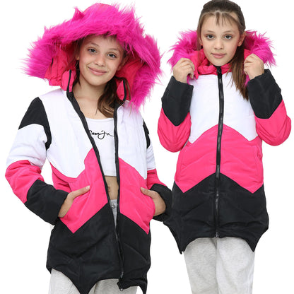 Kids Hooded Contrast Panel Puffer Coat Faux Fur Jacket For Girls 2-13yrs