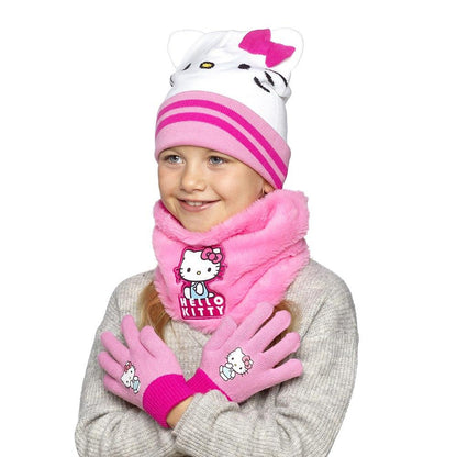 Hello Kitty Girls Hat Gloves Snood Set Pink Winter Neck Warmer Kids One Size