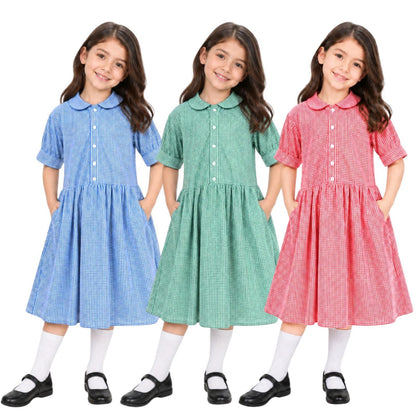 Girls School Gingham Dress Soft Fabric Check Print Front Button Closure Dress