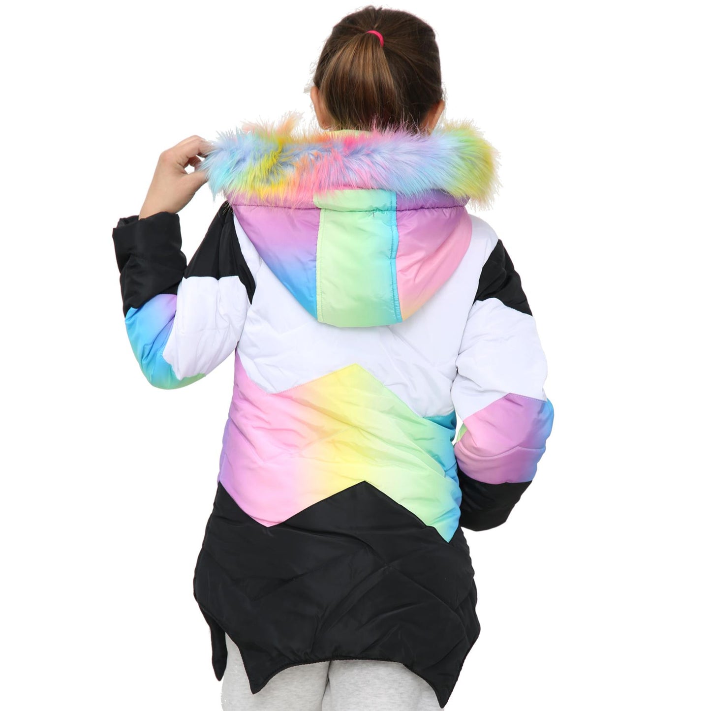 Kids Hooded Contrast Panel Puffer Coat Faux Fur Jacket For Girls 2-13yrs