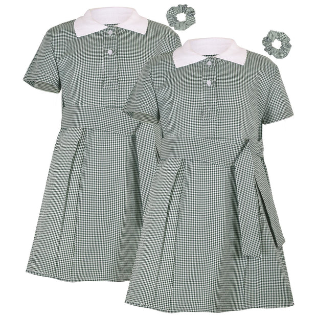 Girls 2 Pack Gingham School Dress Check Belted Dresses With Matching Scrunchies - A2Z 4 Kids