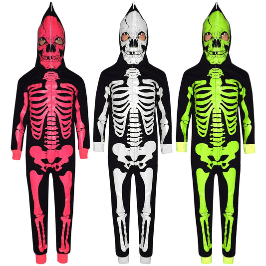 Kids Girls Boys Skeleton A2Z Onesie One Piece With Face Mask Halloween Costume