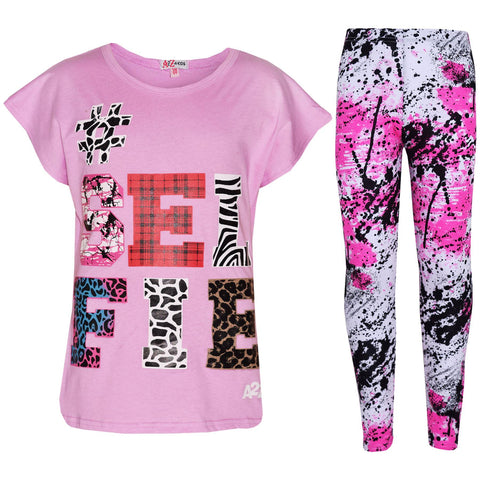Girls Tops Kids Selfie Print Trendy T Shirt Top & Fashion Legging Set 7-13 Years