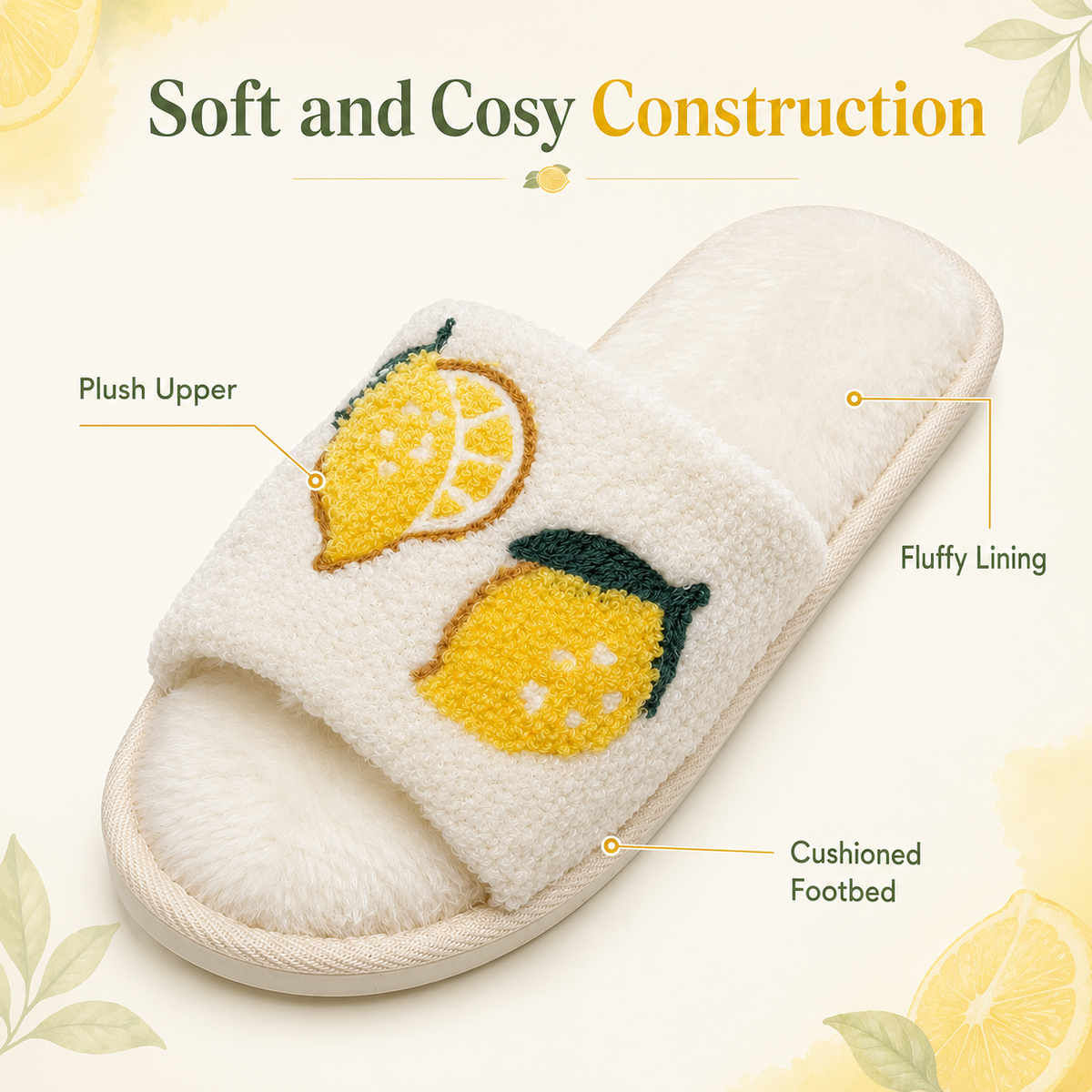 A2Z Ladies Cream Lemon Print Plush Open Toe Slippers Soft Indoor Shoes