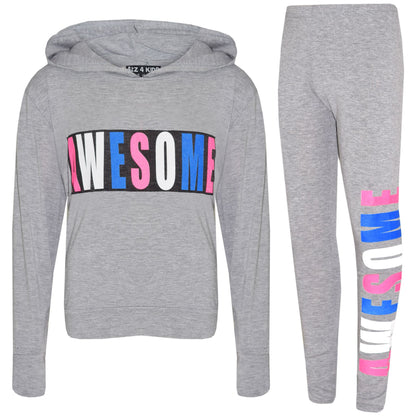 Girls Tops Kids Awesome Print Hooded T Shirt Top Legging Lounge Wear Set 7-13 Yr