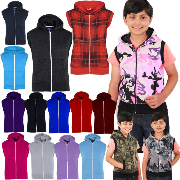 Kids Hooded Gilet Jacket Fleece Fabric No Sleeve Zipper Coat Boys Age 5-13 Year
