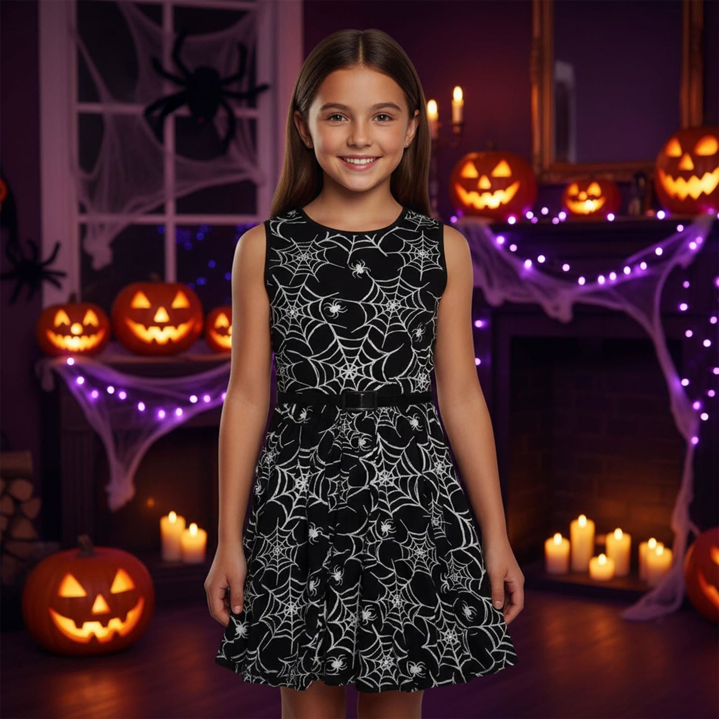 Girls Halloween Dresses Spider Web Print Sleevesless Skater Dress Fancy Costume