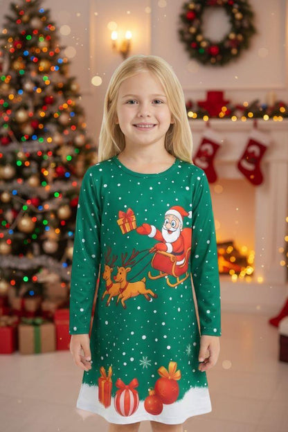 Girls Christmas Swing Dress Santa Sleigh Print Long Sleeve Party Dress Outfit
