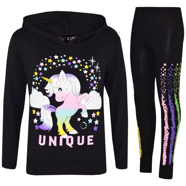 A2Z 4 Kids Girls Tracksuit Designer's Dabbing Unicorn Rainbow Unique Floss Hooded Black Top & Legging Lounge Wear Set New Age 7 8 9 10 11 12 13 Years