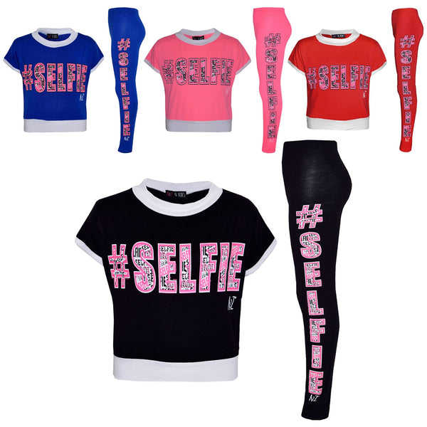 Girls Top Kids #Selfie Print Designer T Shirt & Graffiti Legging Set 7-13 Years