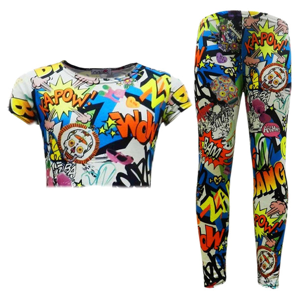 Kids Girls Tops Designer Comic Graffiti Bang Print Trendy Crop Top & Legging Set
