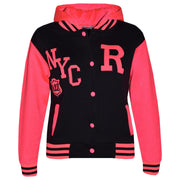 A2Z 4 Kids Girls Black & Neon Pink Baseball Tracksuit NYC Varsity Style Jacket & Trouser Sports Hoodie Bottom Joggers Age 2 3 4 5 6 7 8 9 10 11 12 13 Years