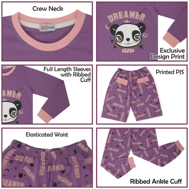 A2Z 4 Kids Girls Pyjamas Children PJs 2 Piece Set Panda Animal Dreamer Print Lilac Lounge Suit for Children Top Bottom Pyjamas Loungewear Gifts Age 2-13 Years