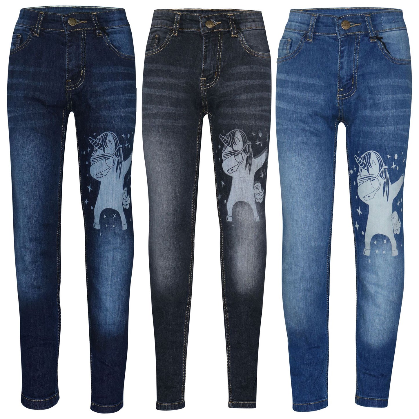 Kids Girls Jeans Designer Unicorn Dab Denim Stretchy Pants Fit Trousers 5-14 Yr
