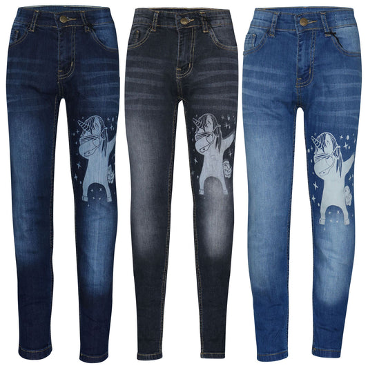 Kids Girls Jeans Designer Unicorn Dab Denim Stretchy Pants Fit Trousers 5-14 Yr