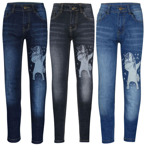 Kids Girls Jeans Designer Unicorn Dab Denim Stretchy Pants Fit Trousers 5-14 Yr