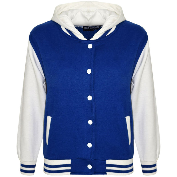 kids Girls Boys B.B Plain Hooded Jacket Varsity Classic Baseball Style Coat 2-13