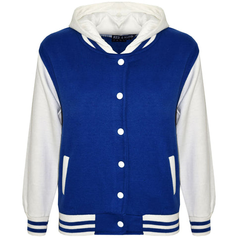 kids Girls Boys B.B Plain Hooded Jacket Varsity Classic Baseball Style Coat 2-13