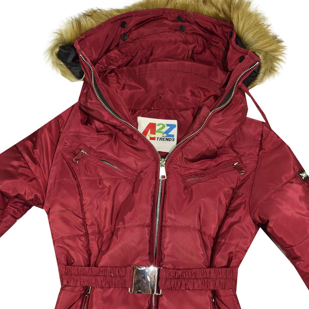 A2Z 4 Kids Kids Girls Jackets Wine Puffer Hooded Stylish Detachable Faux Fur Padded Zipped Belted Slim Fit Warm Coats New Age 5 6 7 8 9 10 11 12 13 Years