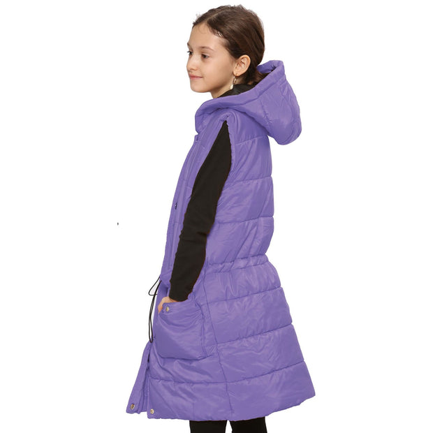 A2Z Kids Girls Down Vest Fashion Oversized Lilac Hooded Quilted Gilet Padded Long Line Vest Jacket Long Sleeveless Coat Urban Winter Wear Age 7-13 Years