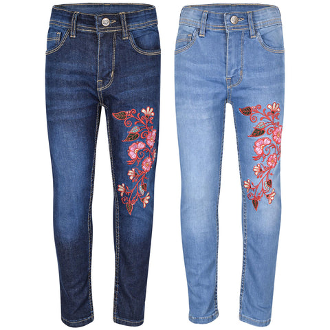 Kids Girls Jeans Embroidered Denim Comfort Stretchy Skinny Pants Age 5-13 Years