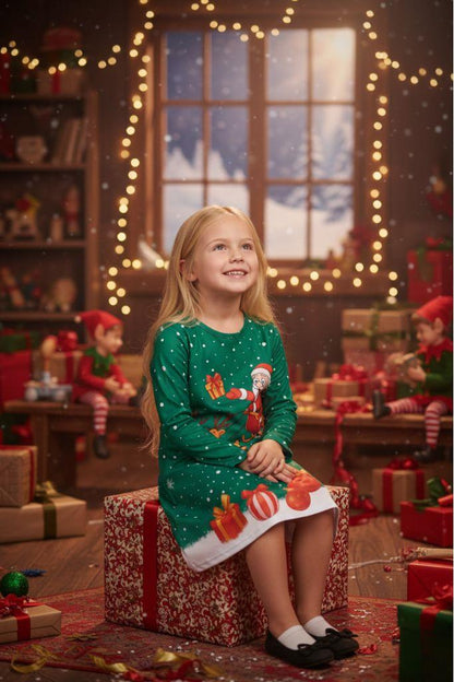 Girls Christmas Swing Dress Santa Sleigh Print Long Sleeve Party Dress Outfit