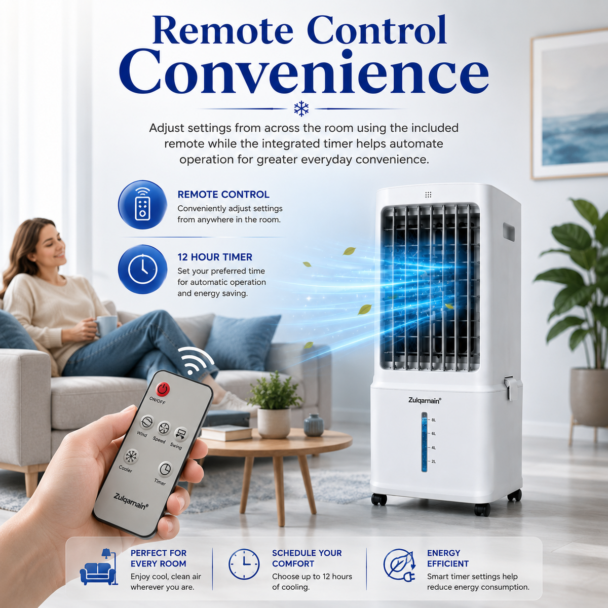 Portable White Air Cooler with Remote Control 3 Speed Settings 80W Easy to Move