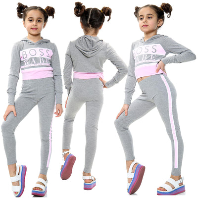 A2Z 4 Kids Girls Crop Top Boss Babe Printed Grey Hooded Long Sleeves Top & Trendy Fashion Legging Outfit Sets New Age 7 8 9 10 11 12 13 Years