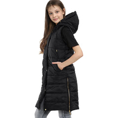 Kids Girls Oversized Gilet Long Line Hooded Quilted Jacket Long Sleeveless Coat