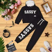 A2Z 4 Kids Girls Tracksuit Sassy Print Fleece Black & White Hooded Crop Top Bottom Jogging Suit Joggers Gift For Girls Age 5-6, 7-8, 9-10, 11-12 & 13 Years