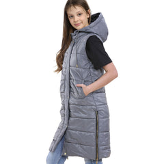 Kids Girls Oversized Gilet Long Line Hooded Quilted Jacket Long Sleeveless Coat