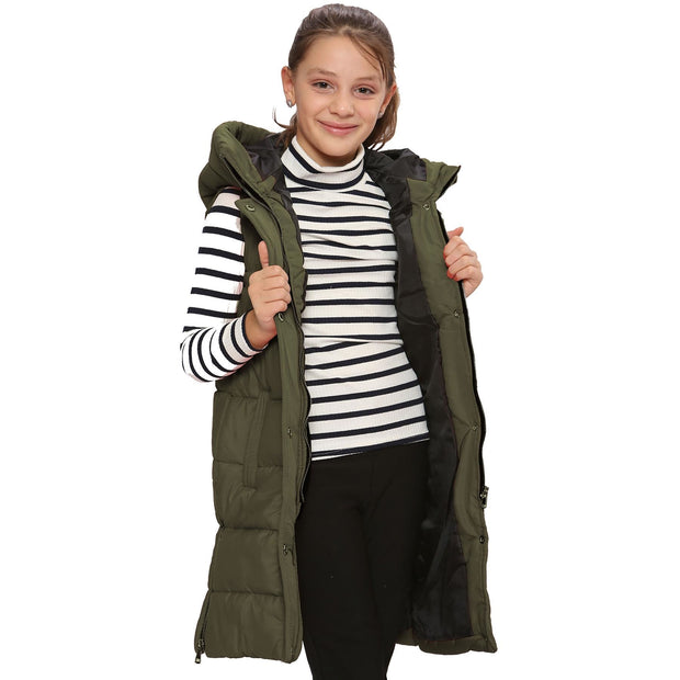 A2Z Kids Down Vest Oversized Khaki Long Sleeveless Hooded Quilted Gilet Padded Long Line Vest Jacket Coat For Girls 7-13 Years