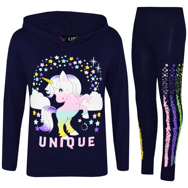 A2Z 4 Kids Girls Dabbing Unicorn Unique Tracksuit Kids Designer's Rainbow Floss Hooded Navy Top & Legging Lounge Wear New Age 7 8 9 10 11 12 13 Years