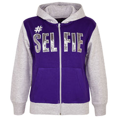 A2Z 4 Kids #SELFIE Tracksuit Sequin Embroidered Purple & Grey Hoodie with Jogger Sweatpants Sports Casual Fashion Activewear Set Girls Boys Childrens Age 5-13 years