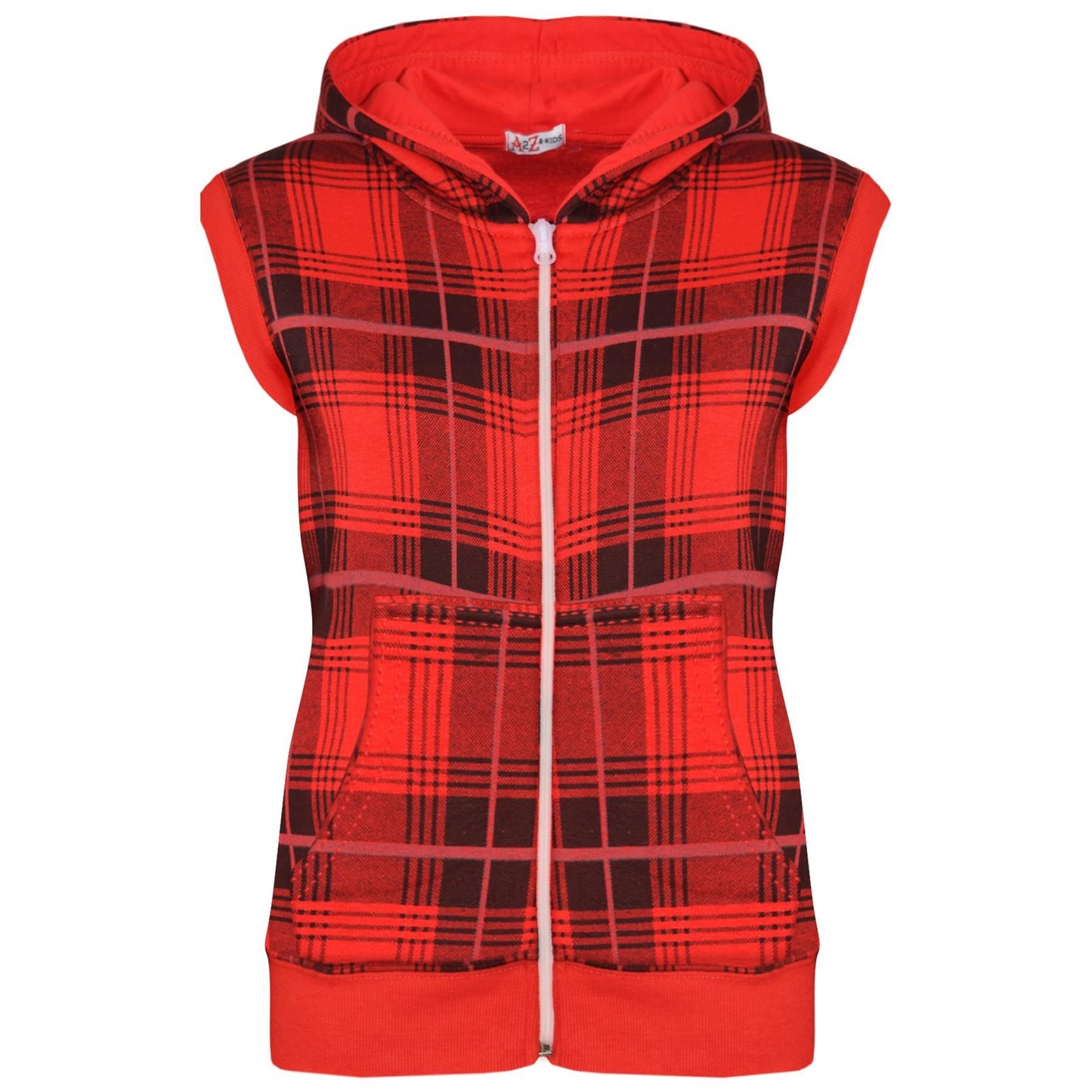 Kids Hooded Gilet Jacket Fleece Fabric Tartan Red Zipper Coat Boys Age 5-13 Yrs
