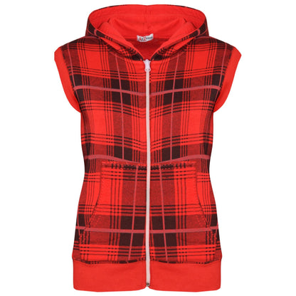 Kids Hooded Gilet Jacket Fleece Fabric Tartan Red Zipper Coat Boys Age 5-13 Yrs