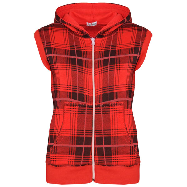 Kids Hooded Gilet Jacket Fleece Fabric Tartan Red Zipper Coat Boys Age 5-13 Yrs