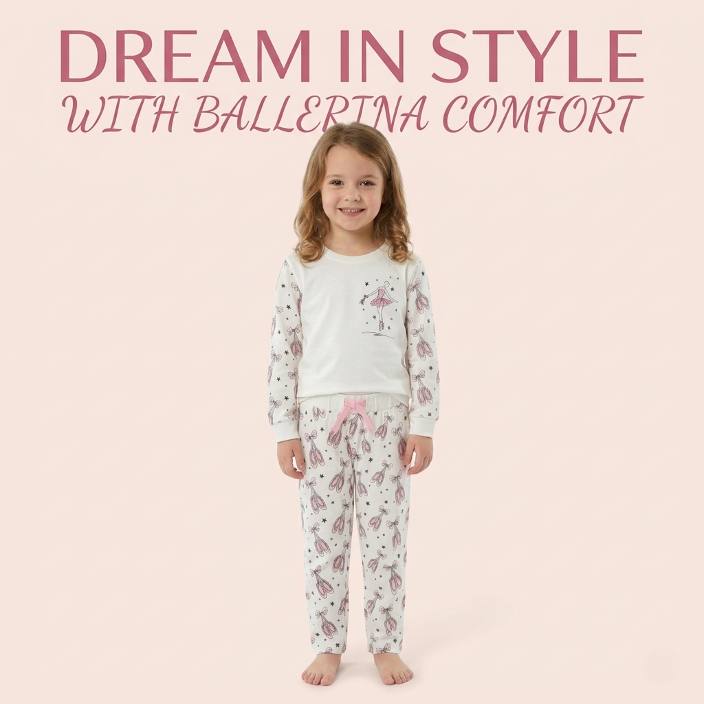 A2Z 4 Kids Girls Ballerina Print Children PJs 2 Piece Cotton Set Lounge Suit Nightwear Sleepwear Top Bottom Pyjamas Loungewear Dress Up Outfit Set Gifts for Children & Girls Age 2-13 Years