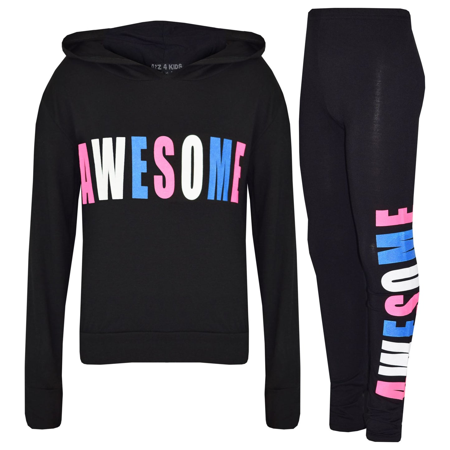 Girls Tops Kids Awesome Print Hooded T Shirt Top Legging Lounge Wear Set 7-13 Yr